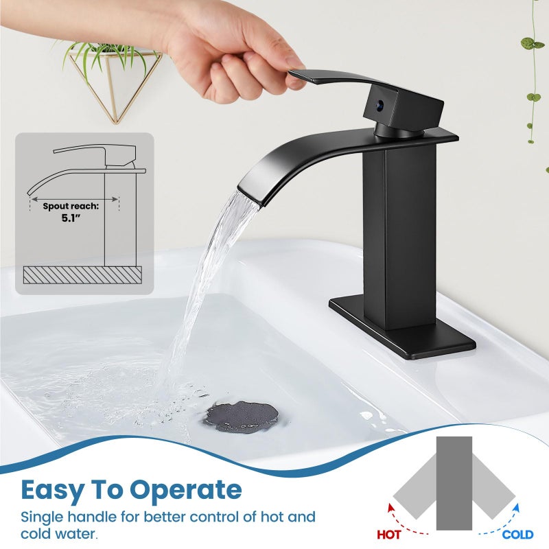 Airuida Matte Black Waterfall Bathroom Faucet, Single Handle Single Hole Bathroom Sink Faucet Deck Mount Mixer Tap with Deck Plate, Rv Lavatory Vanity Washbasin Faucet - Image 2